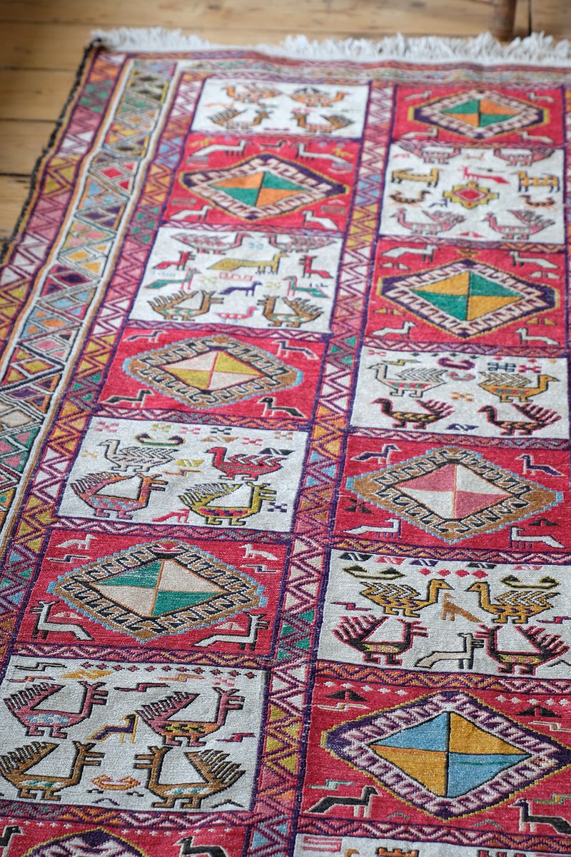 Vintage Handwoven Persian Silk Soumak Animal Rug, 118 x 190 cm
