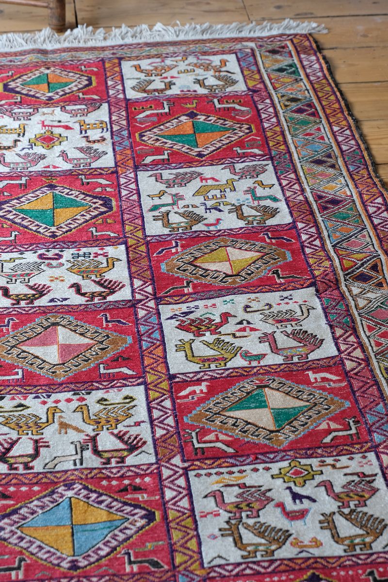 Vintage Handwoven Persian Silk Soumak Animal Rug, 118 x 190 cm