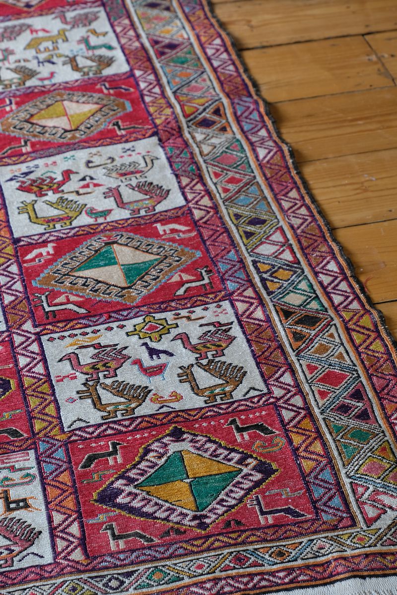 Vintage Handwoven Persian Silk Soumak Animal Rug, 118 x 190 cm