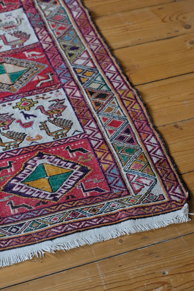 Vintage Handwoven Persian Silk Soumak Animal Rug, 118 x 190 cm