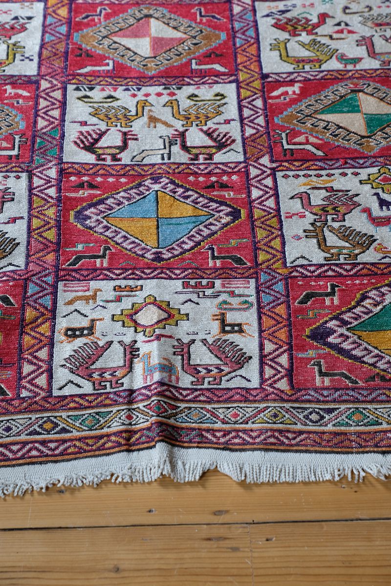 Vintage Handwoven Persian Silk Soumak Animal Rug, 118 x 190 cm