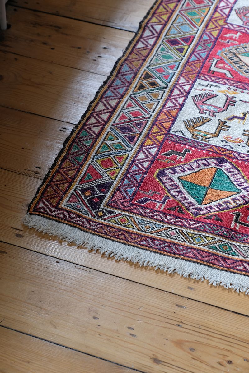 Vintage Handwoven Persian Silk Soumak Animal Rug, 118 x 190 cm