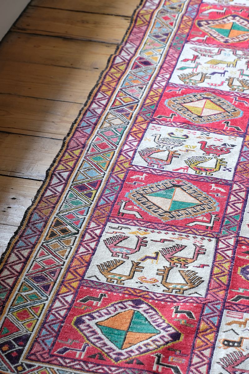 Vintage Handwoven Persian Silk Soumak Animal Rug, 118 x 190 cm