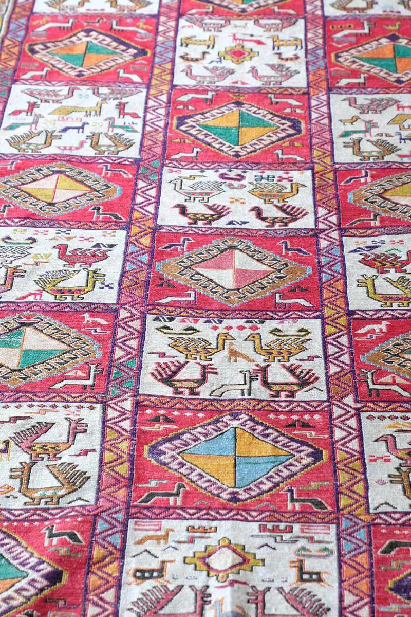 Vintage Handwoven Persian Silk Soumak Animal Rug, 118 x 190 cm