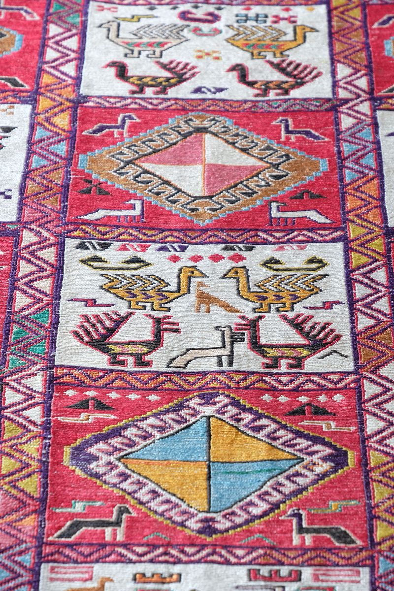 Vintage Handwoven Persian Silk Soumak Animal Rug, 118 x 190 cm