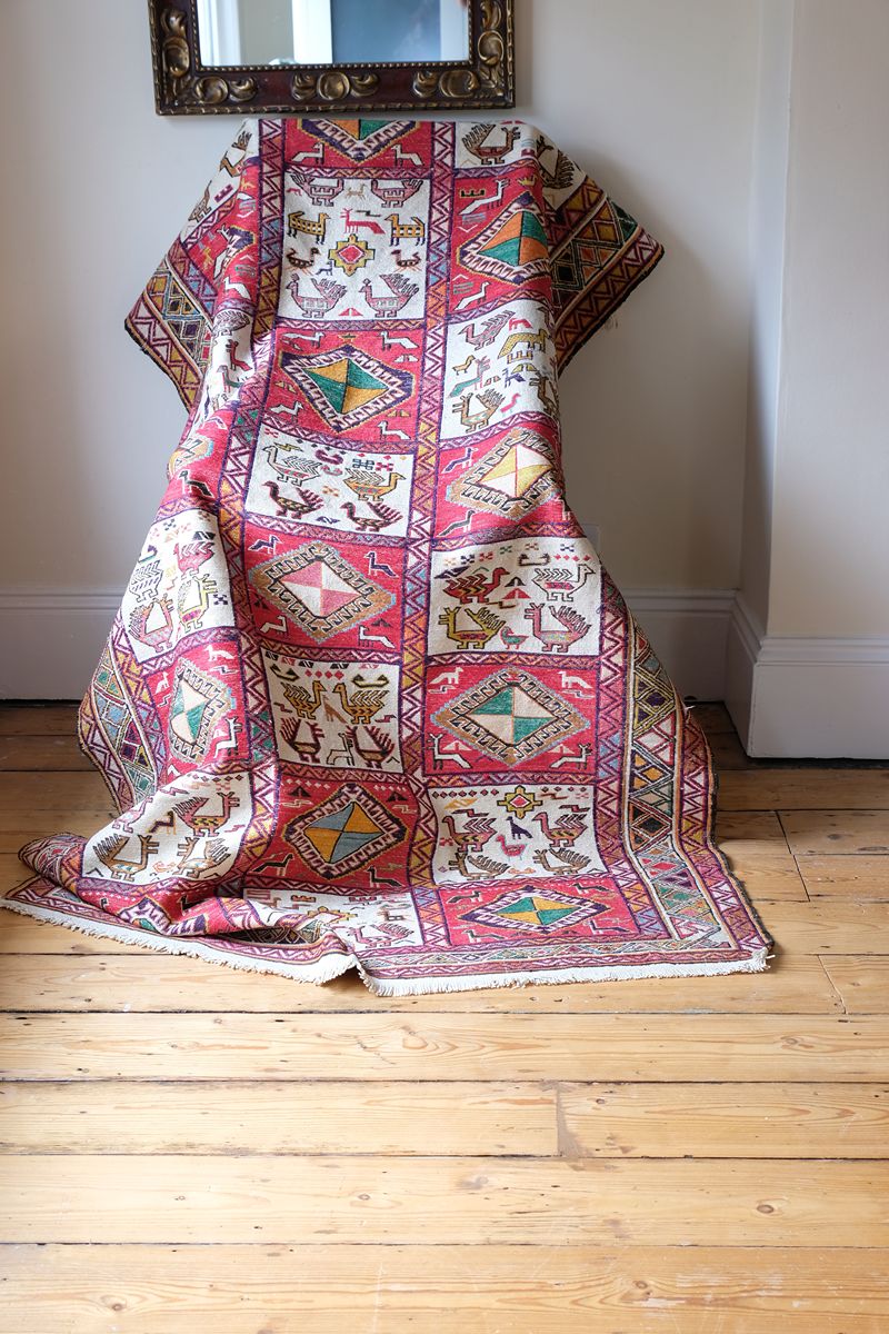 Vintage Handwoven Persian Silk Soumak Animal Rug, 118 x 190 cm