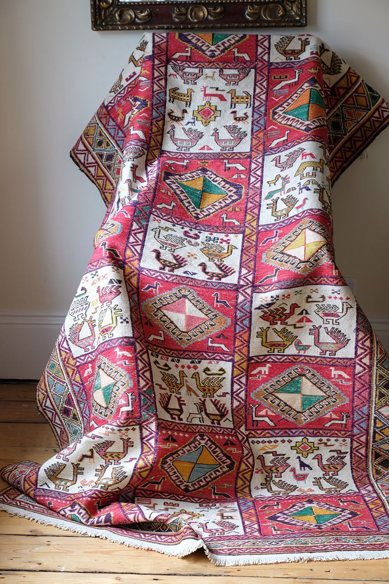 Vintage Handwoven Persian Silk Soumak Animal Rug, 118 x 190 cm