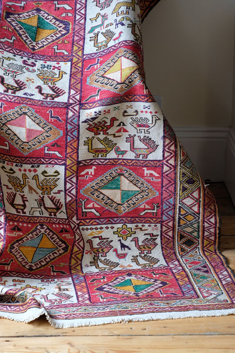 Vintage Handwoven Persian Silk Soumak Animal Rug, 118 x 190 cm