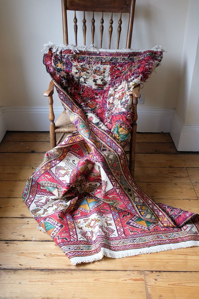 Vintage Handwoven Persian Silk Soumak Animal Rug, 118 x 190 cm