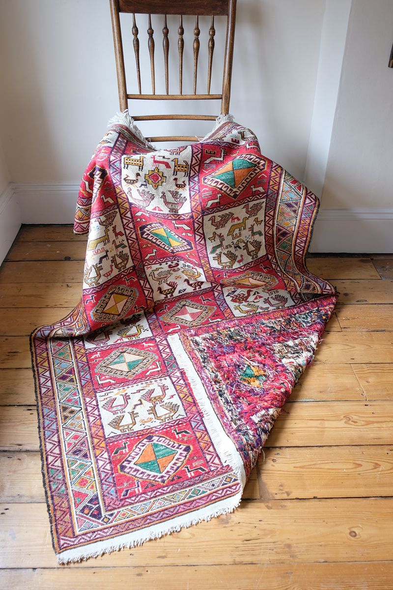 Vintage Handwoven Persian Silk Soumak Animal Rug, 118 x 190 cm