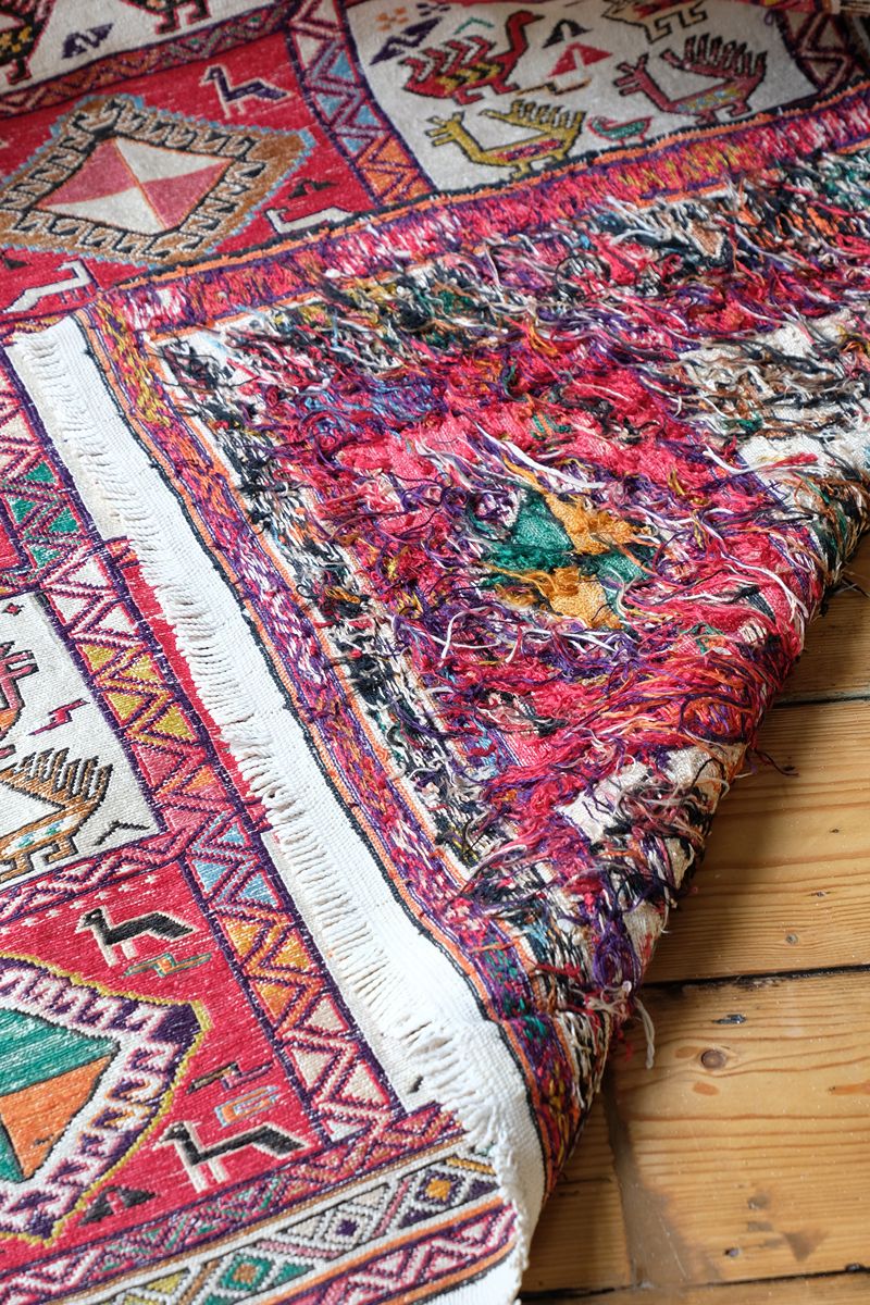 Vintage Handwoven Persian Silk Soumak Animal Rug, 118 x 190 cm