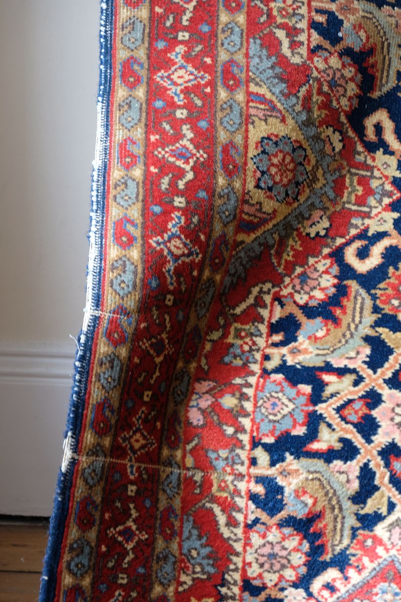 Red floral main border with camel and pale blue guard borders