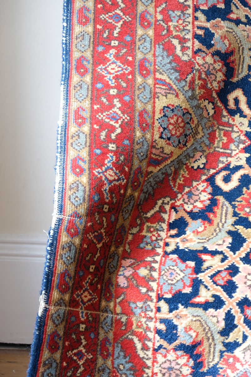 Red floral main border with camel and pale blue guard borders