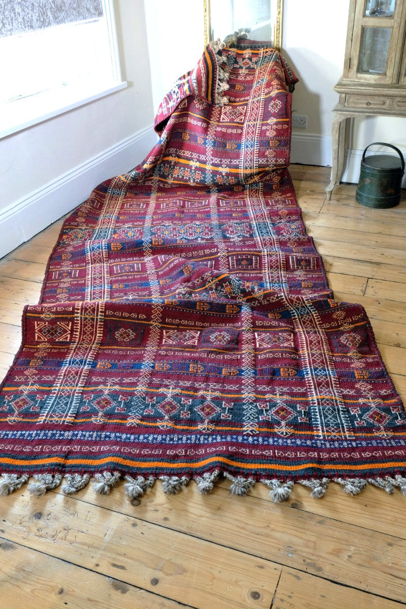 Monumental mid-20th century Moroccan Berber flatweave rug with red and indigo geometric patterns