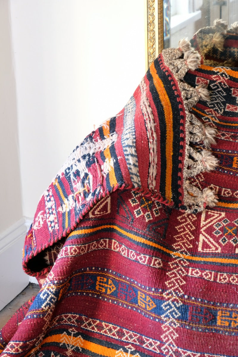 Monumental mid-20th century Moroccan Berber flatweave rug with red and indigo geometric patterns