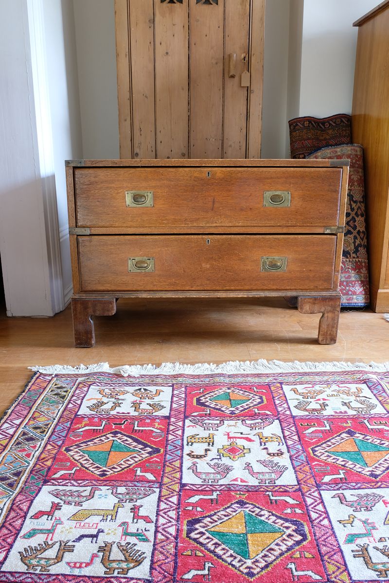 Early to mid-19th century mahogany two-drawer campaign chest viewed from the front