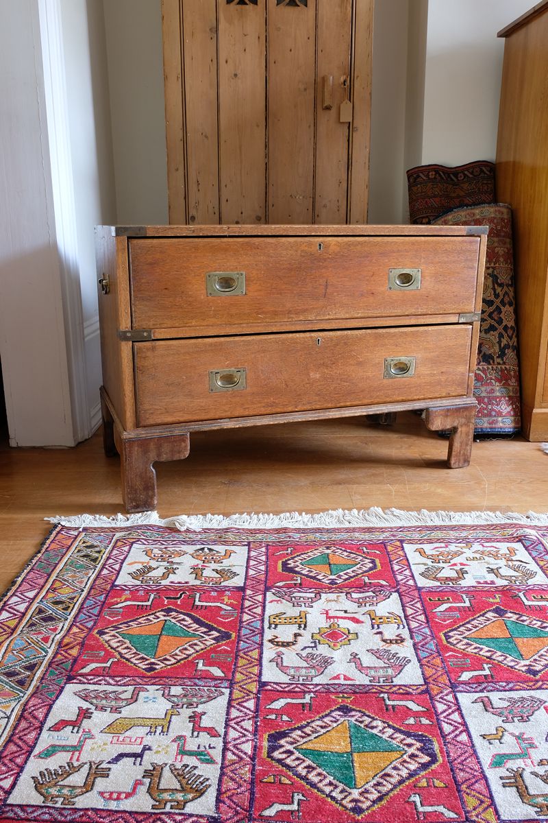 Early to mid-19th century mahogany two-drawer campaign chest viewed from the front