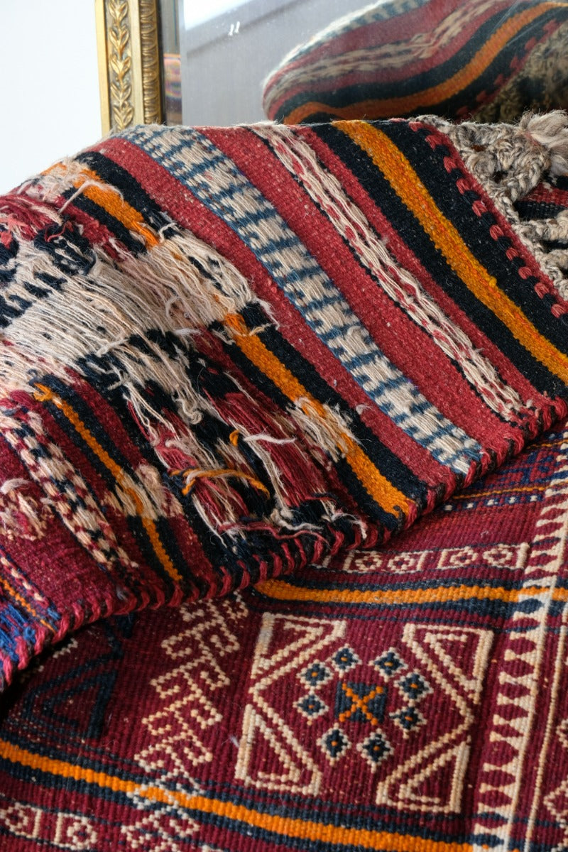 Monumental mid-20th century Moroccan Berber flatweave rug with red and indigo geometric patterns