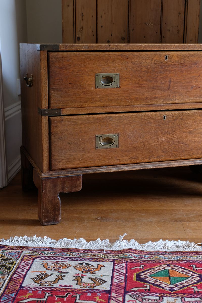 Early to mid-19th century mahogany two-drawer campaign chest viewed from the front