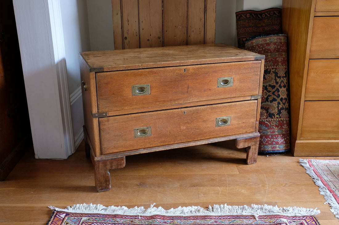 Early to mid-19th century mahogany two-drawer campaign chest viewed from the front