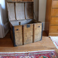 Antique Victorian pine domed trunk with iron straps and timber knock bars, circa 1880