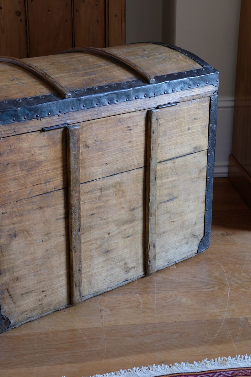 Antique Victorian pine domed trunk with iron straps and timber knock bars, circa 1880