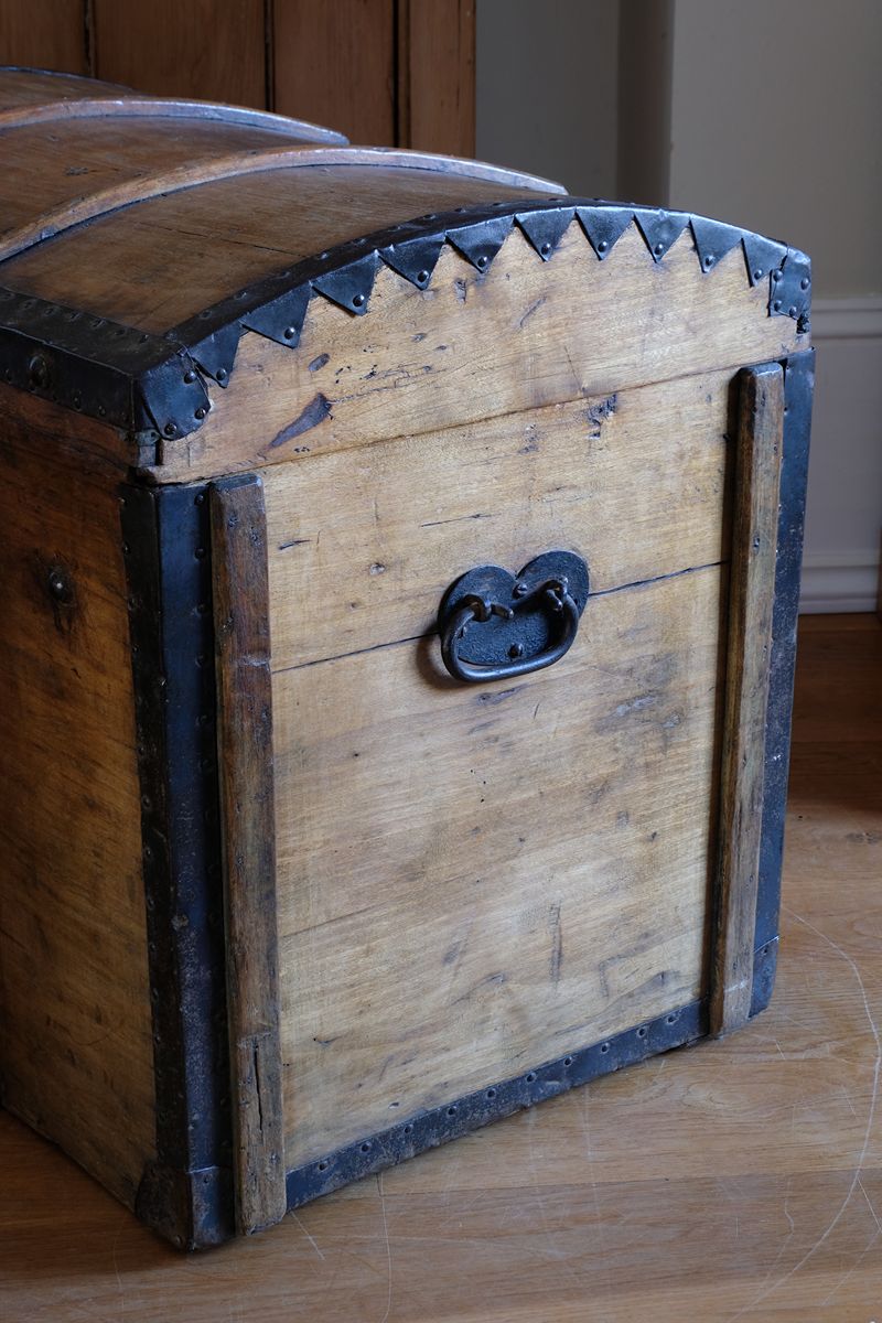 Antique Victorian pine domed trunk with iron straps and timber knock bars, circa 1880