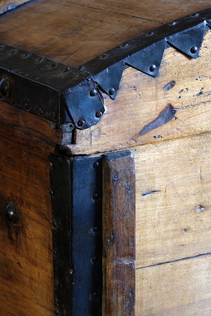 Antique Victorian pine domed trunk with iron straps and timber knock bars, circa 1880