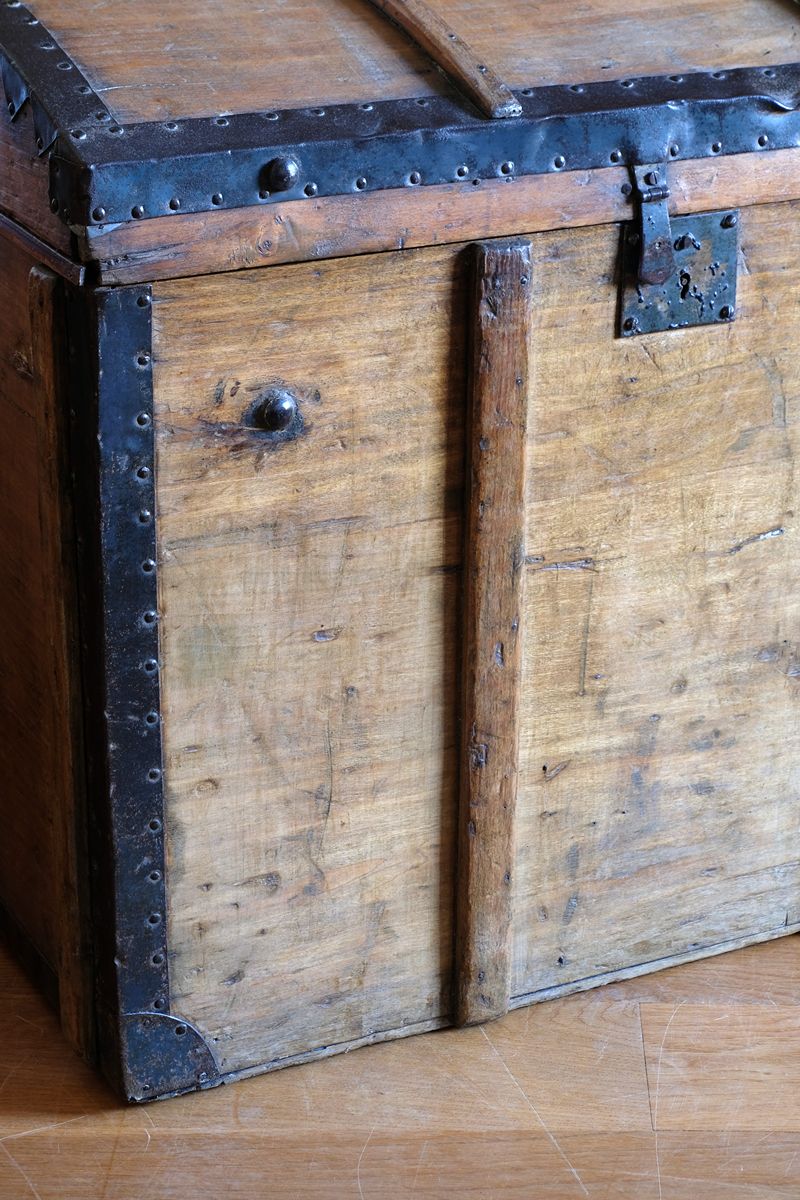 Antique Victorian pine domed trunk with iron straps and timber knock bars, circa 1880