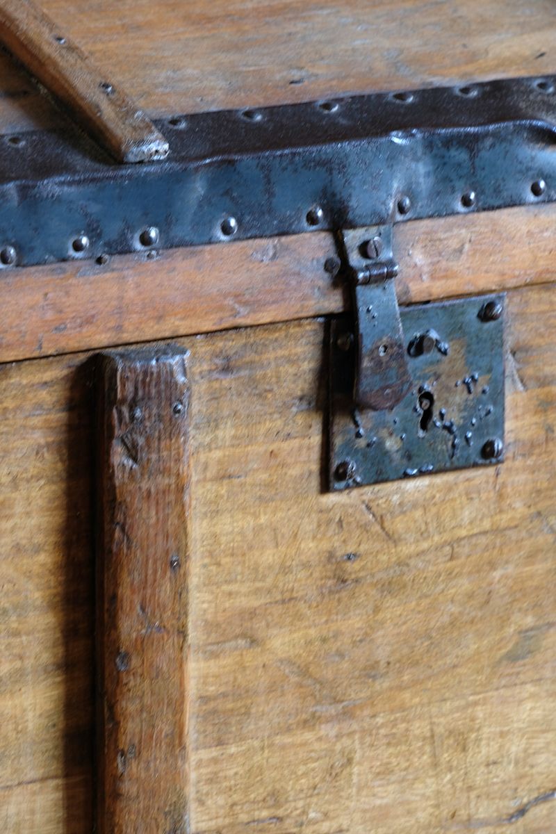 Antique Victorian pine domed trunk with iron straps and timber knock bars, circa 1880