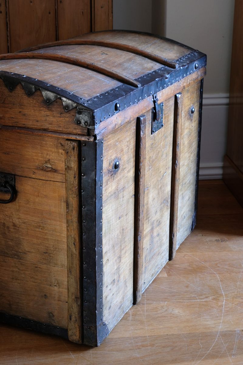 Antique Victorian pine domed trunk with iron straps and timber knock bars, circa 1880