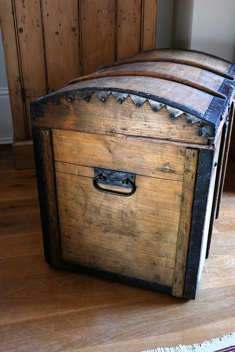 Antique Victorian pine domed trunk with iron straps and timber knock bars, circa 1880