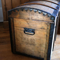 Antique Victorian pine domed trunk with iron straps and timber knock bars, circa 1880