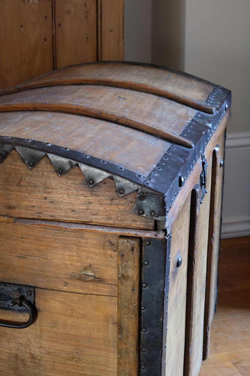 View of the domed top and knock bars - Antique Victorian pine domed trunk with iron straps and timber knock bars, circa 1880