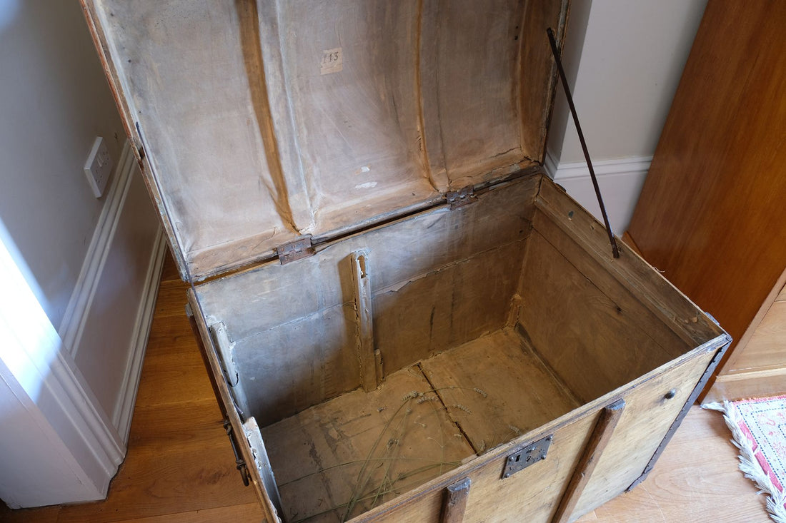 Inside -Antique Victorian pine domed trunk with iron straps and timber knock bars, circa 1880