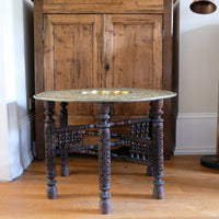 Anglo Indian Intricately Carved Table With A Decorative Brass Top