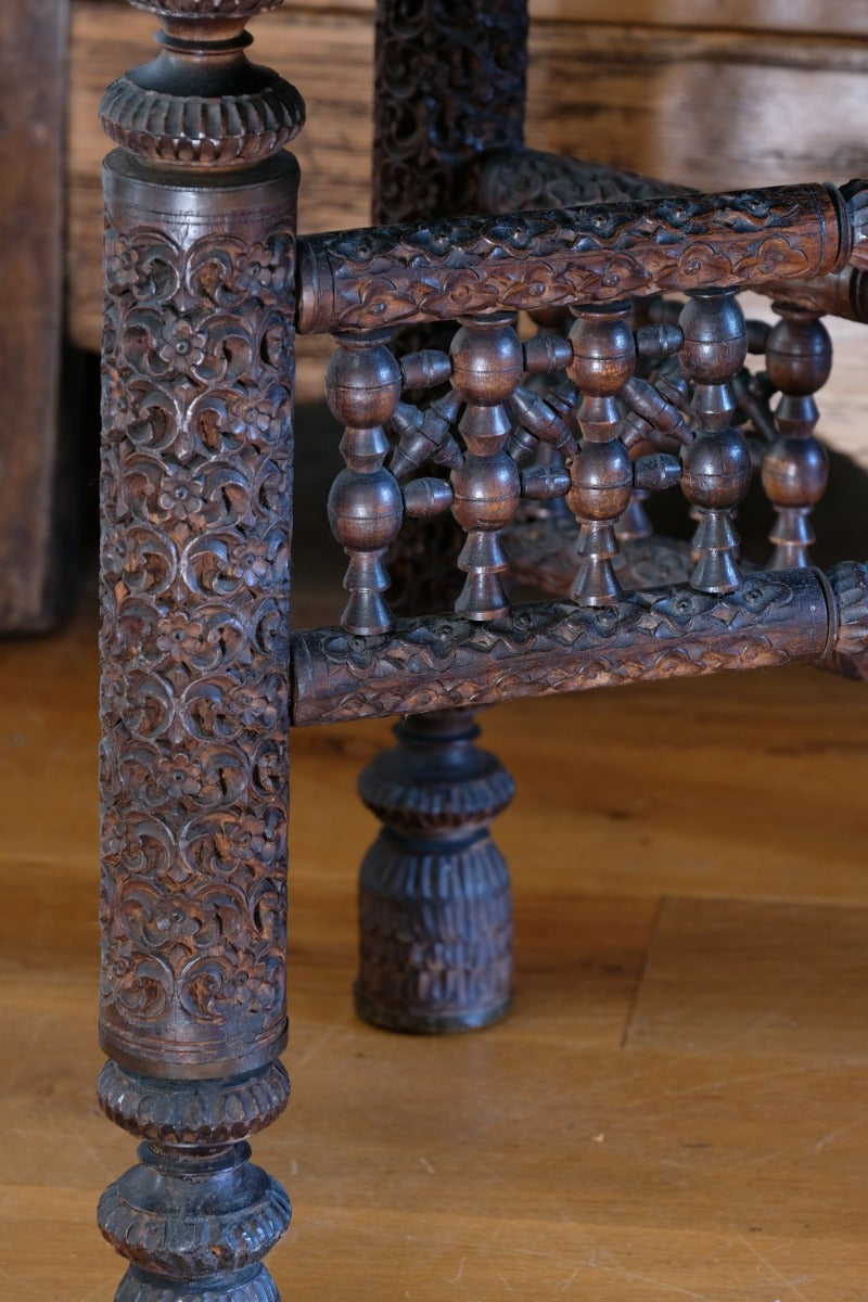 Anglo Indian Intricately Carved Table With A Decorative Brass Top