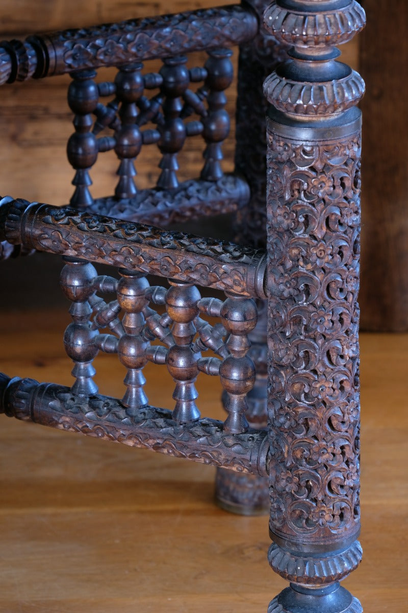 Anglo Indian Intricately Carved Table With A Decorative Brass Top