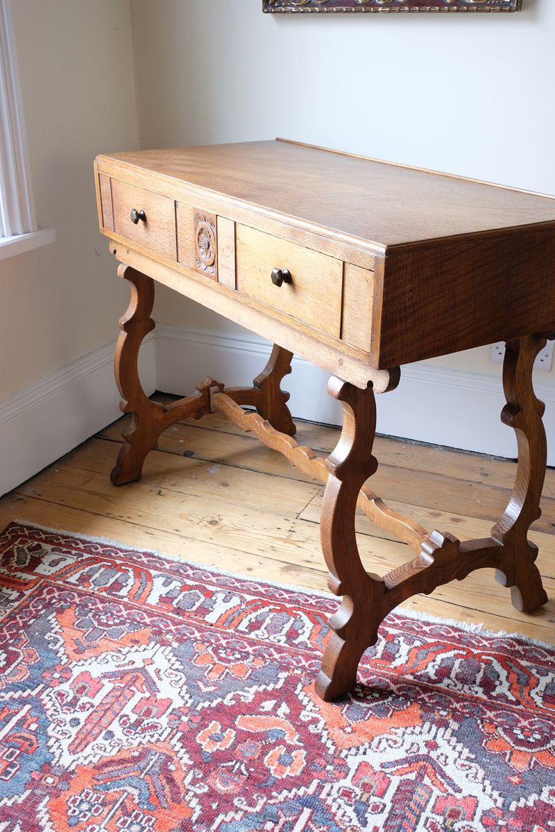 Arts & Crafts oak console table by Beresford & Hicks with two drawers and shaped trestle supports
