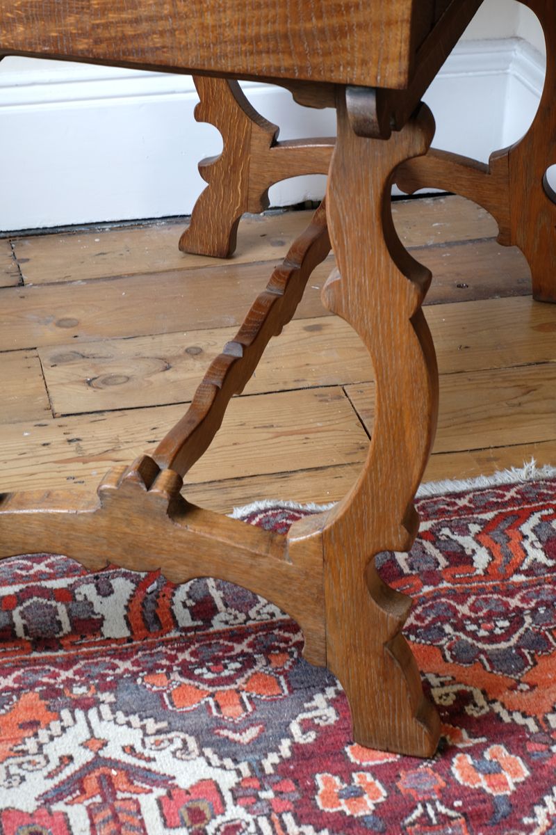 Arts & Crafts oak console table by Beresford & Hicks with two drawers and shaped trestle supports
