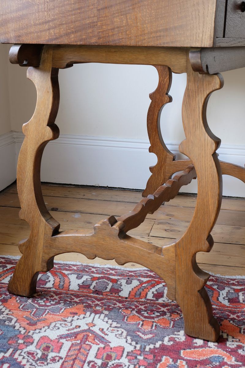 Arts & Crafts oak console table by Beresford & Hicks with two drawers and shaped trestle supports
