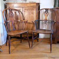 Pair 19th Century Windsor Wheelback Ash & Elm Armchairs