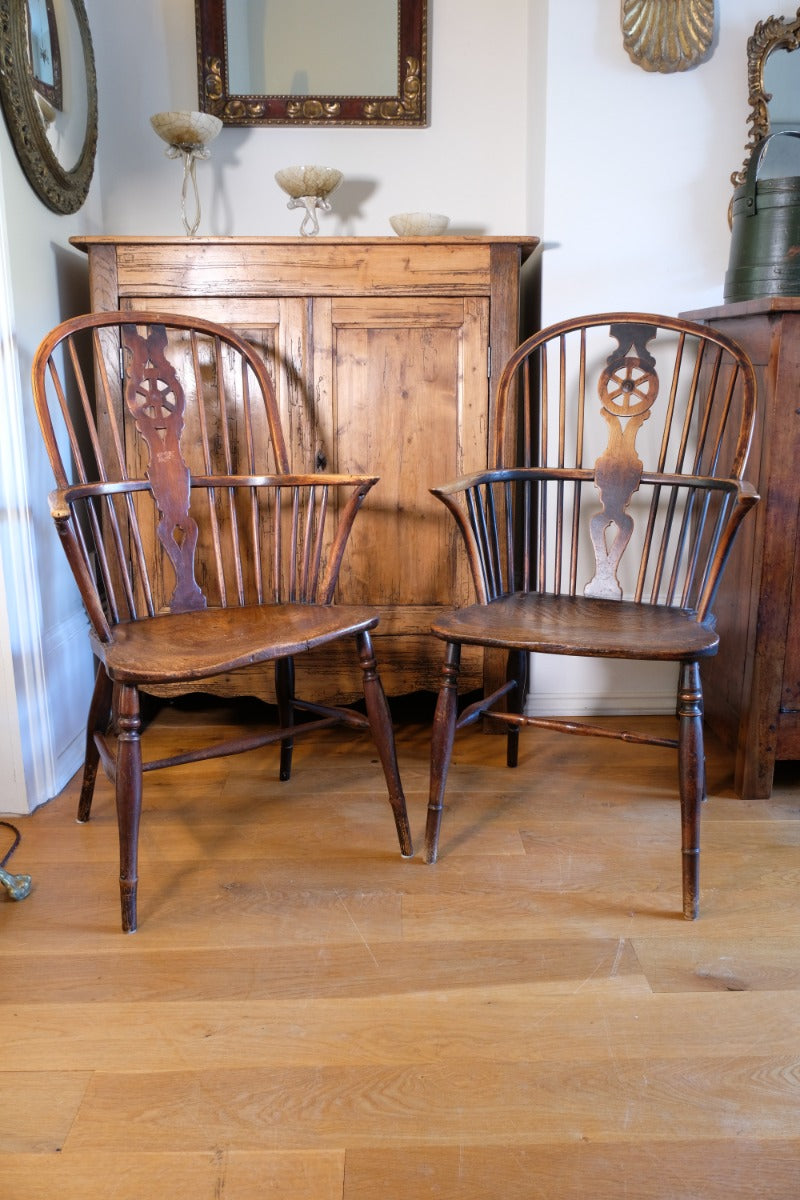 Pair 19th Century Windsor Wheelback Ash & Elm Armchairs