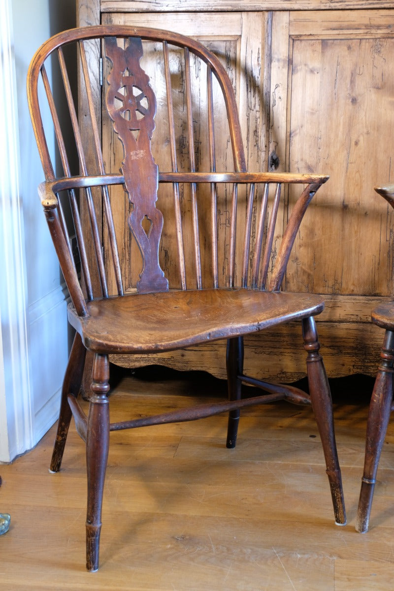 Pair 19th Century Windsor Wheelback Ash & Elm Armchairs