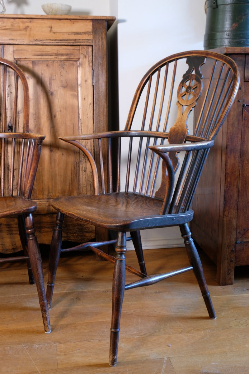 Pair 19th Century Windsor Wheelback Ash & Elm Armchairs