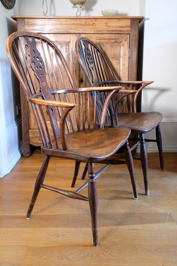 Pair 19th Century Windsor Wheelback Ash & Elm Armchairs