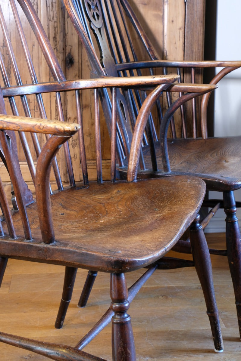 Pair 19th Century Windsor Wheelback Ash & Elm Armchairs