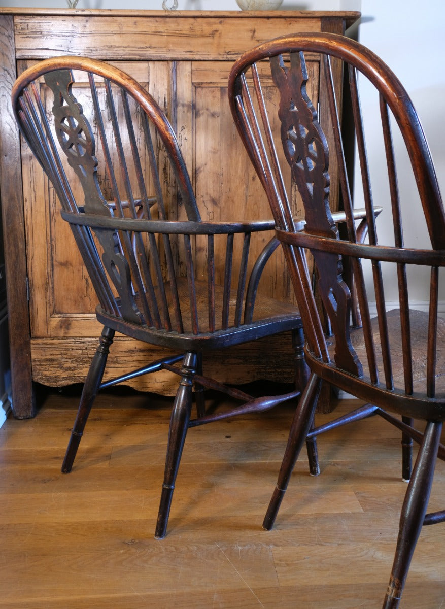 Pair 19th Century Windsor Wheelback Ash & Elm Armchairs