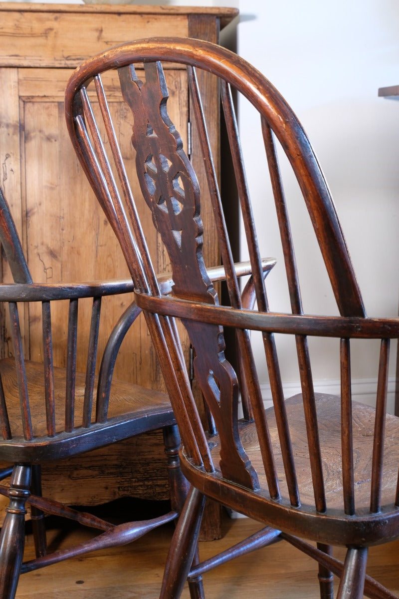 Pair 19th Century Windsor Wheelback Ash & Elm Armchairs