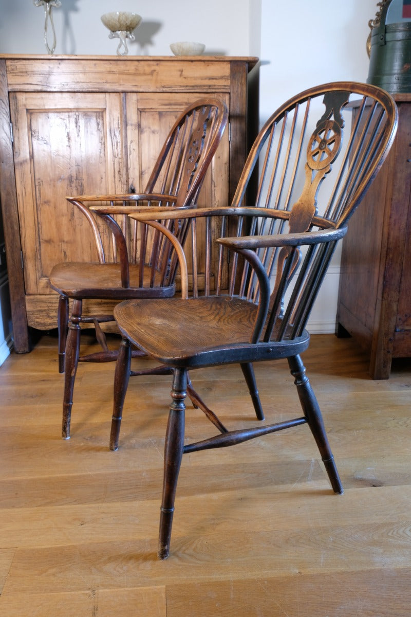 Pair 19th Century Windsor Wheelback Ash & Elm Armchairs